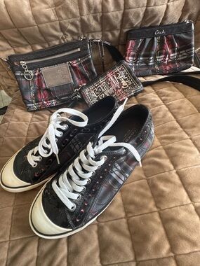 Coach Plaid Sneakers with Matching Poppy crossbody and 2 wristlets.